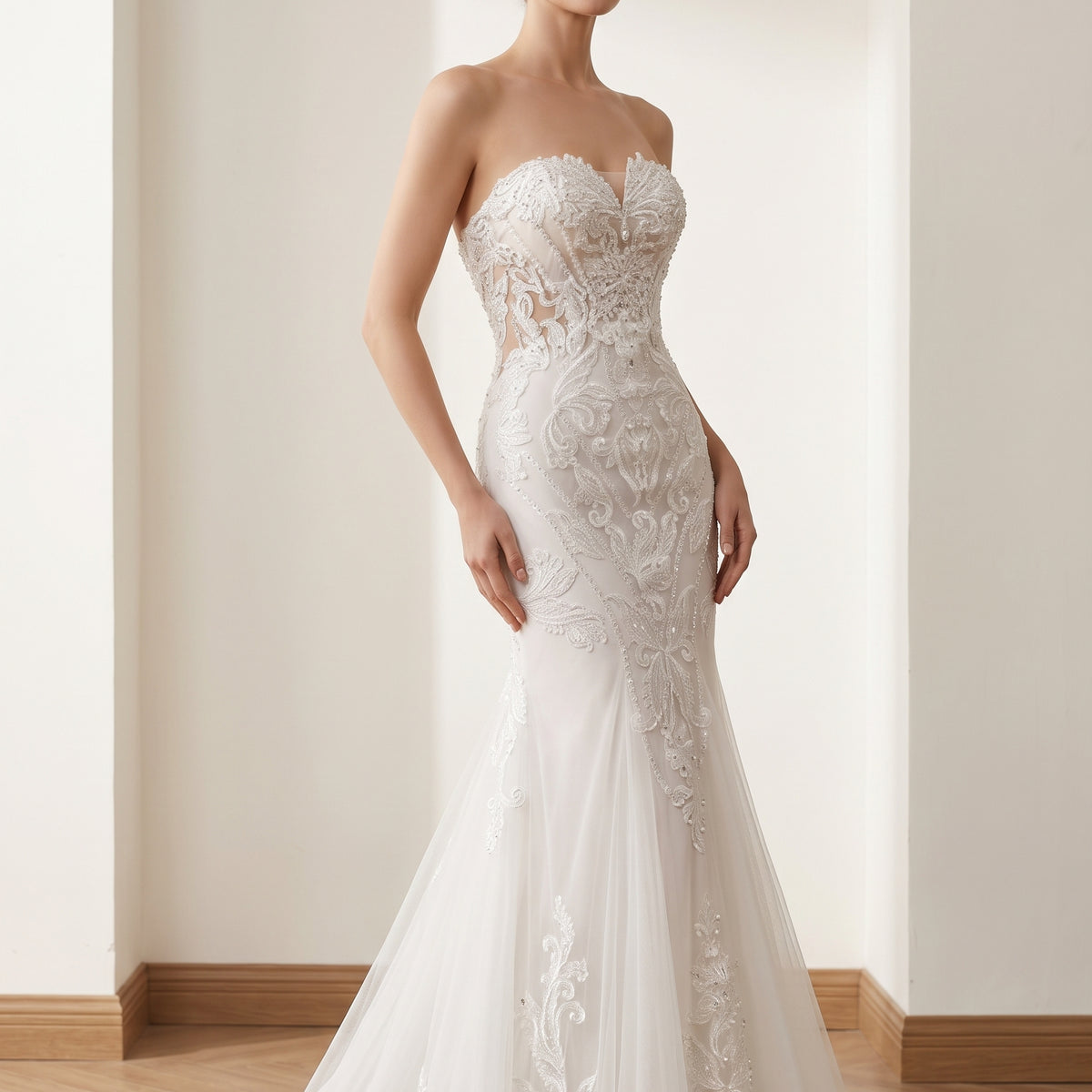 Luxury Strapless Sequins Mermaid Wedding Dress with Overskirt SW636