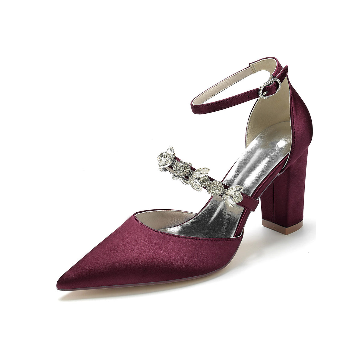 Pointed Toe Block Heel Pumps with Ankle Strap Rhinestones HH022
