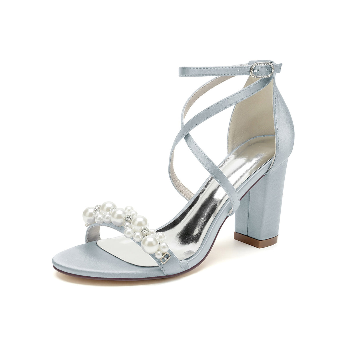 Satin Pearl Beaded Crisscross Strap Block Heel Pumps HH023