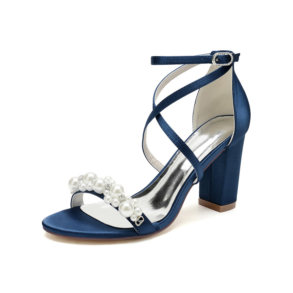 Satin Pearl Beaded Crisscross Strap Block Heel Pumps HH023