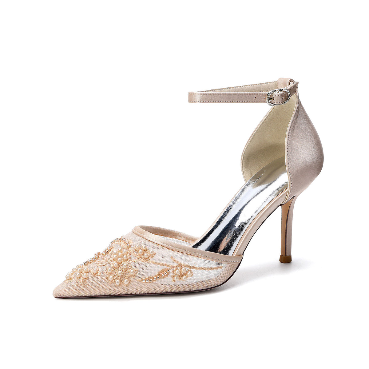 Mesh Pointed Toe High Heels with Pearl Details HH024