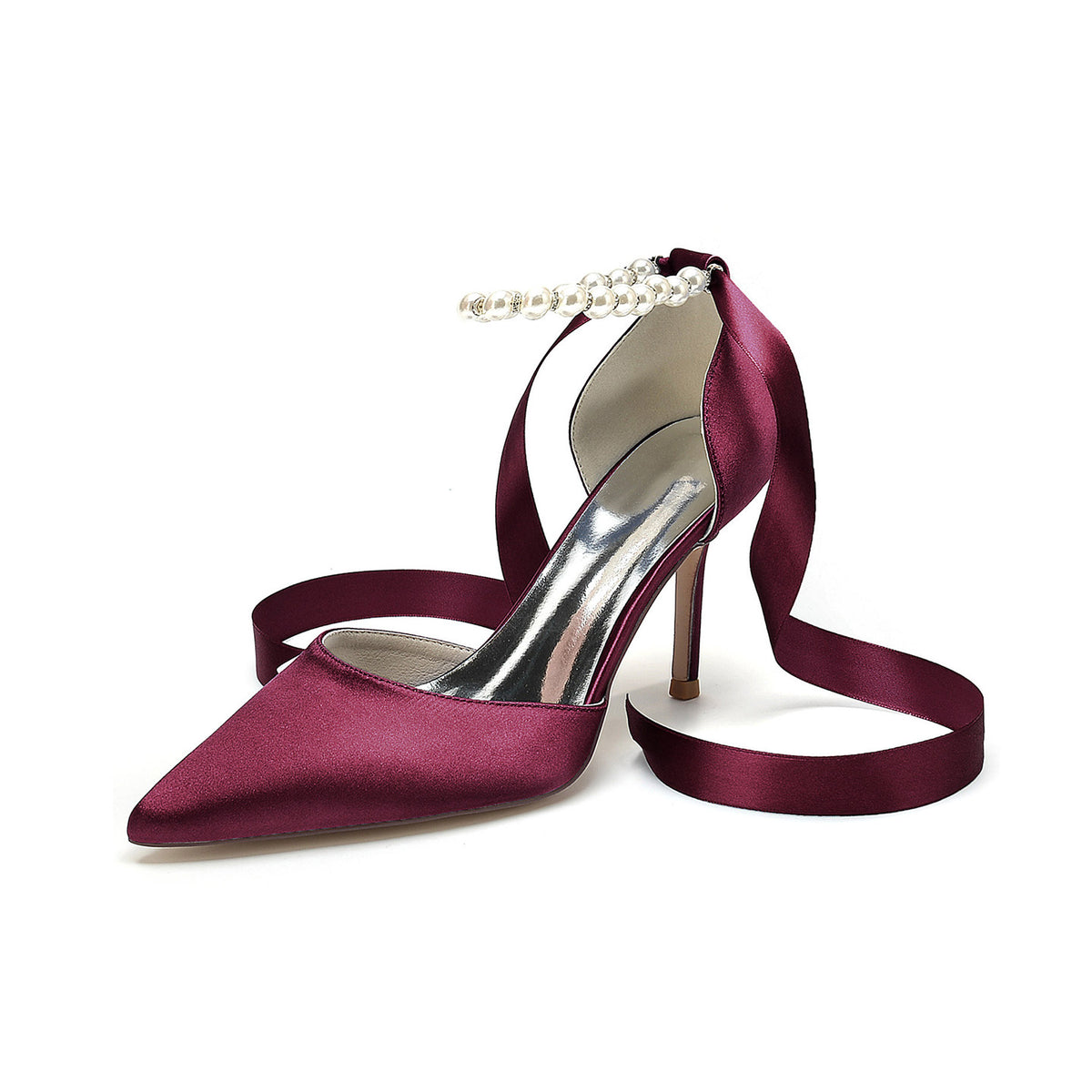 Pearl Ankle Strap Satin Stiletto Heels with Ribbon HH029