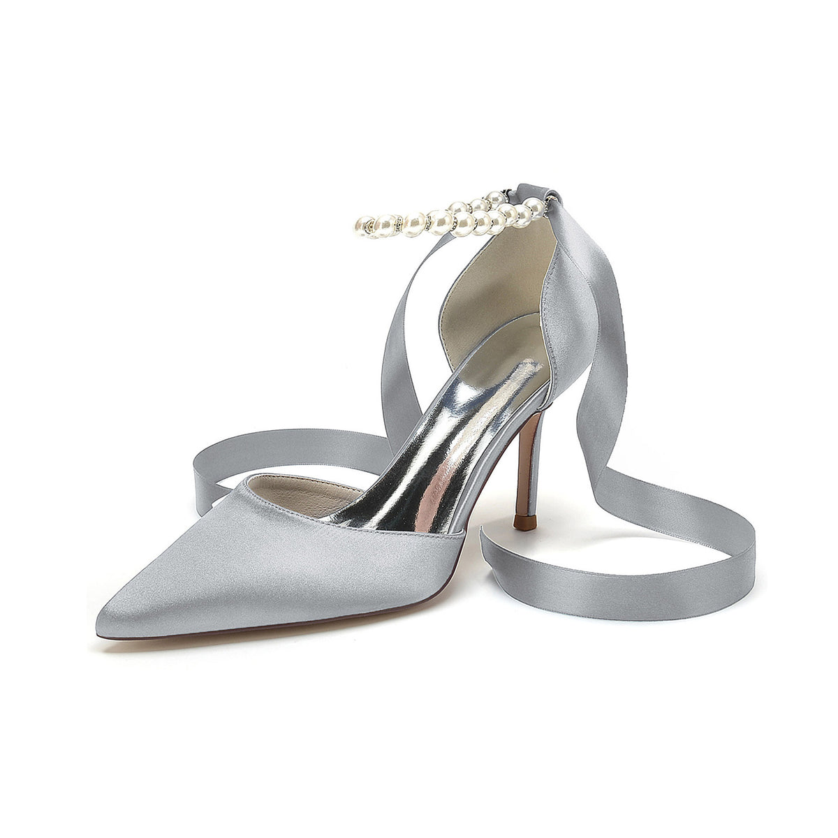 Pearl Ankle Strap Satin Stiletto Heels with Ribbon HH029