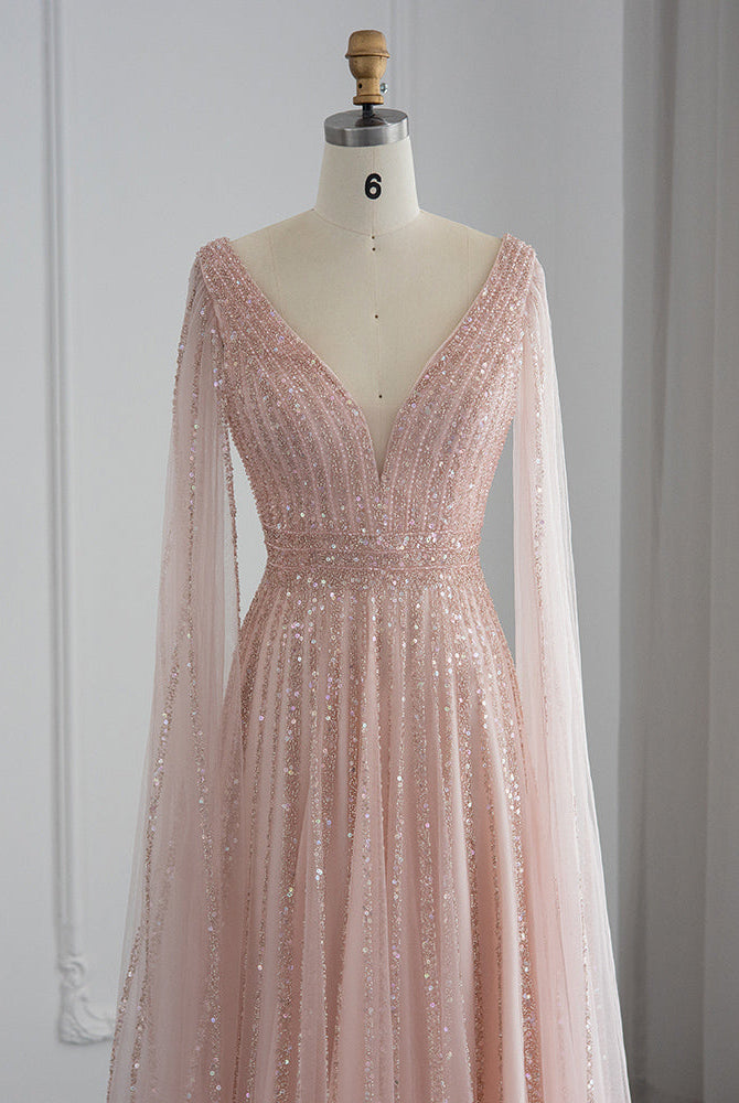 Dreamy Vow Luxury Nude Dubai Evening Dress with Cape Sleeves Blush Pink Arabic Formal Dresses for Women Wedding Party 322