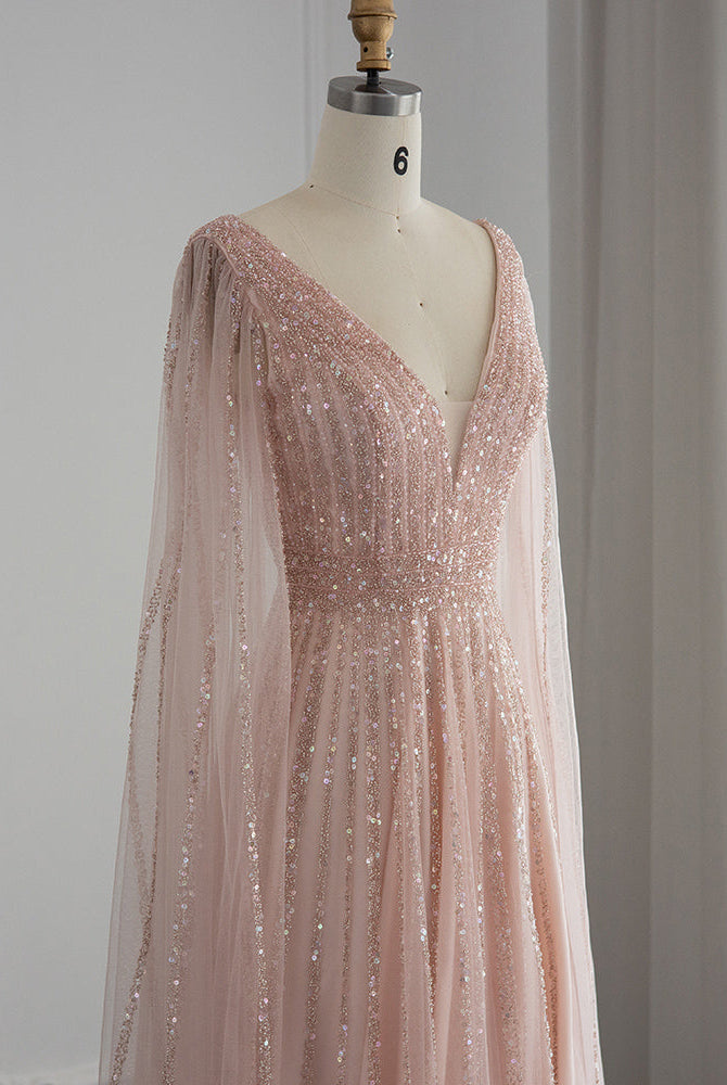 Dreamy Vow Luxury Nude Dubai Evening Dress with Cape Sleeves Blush Pink Arabic Formal Dresses for Women Wedding Party 322
