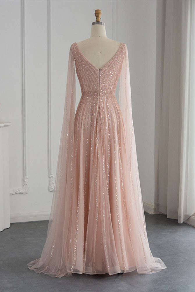 Dreamy Vow Luxury Nude Dubai Evening Dress with Cape Sleeves Blush Pink Arabic Formal Dresses for Women Wedding Party 322