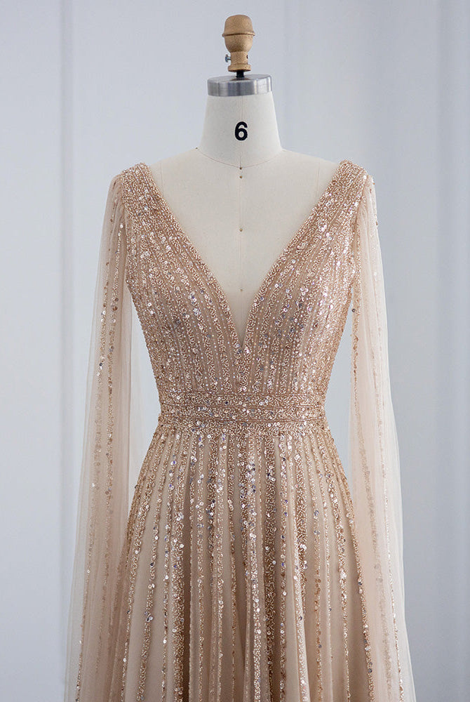 Dreamy Vow Luxury Nude Dubai Evening Dress with Cape Sleeves Blush Pink Arabic Formal Dresses for Women Wedding Party 322