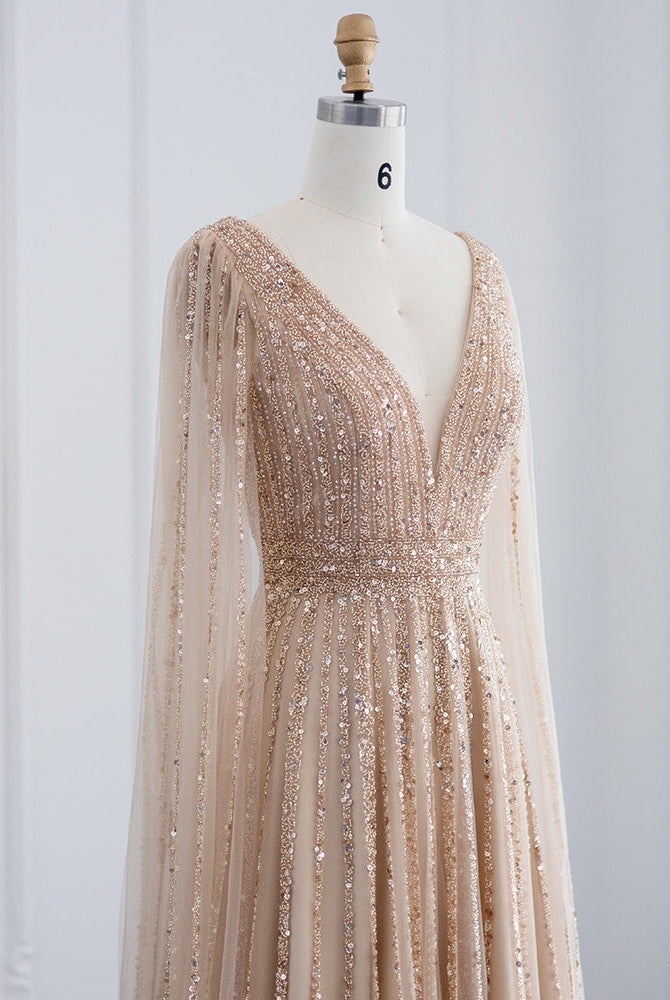 Dreamy Vow Luxury Nude Dubai Evening Dress with Cape Sleeves Blush Pink Arabic Formal Dresses for Women Wedding Party 322