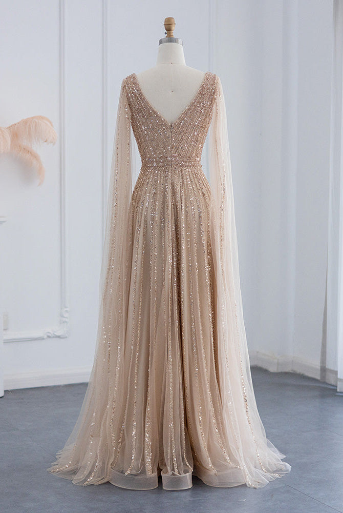 Dreamy Vow Luxury Nude Dubai Evening Dress with Cape Sleeves Blush Pink Arabic Formal Dresses for Women Wedding Party 322