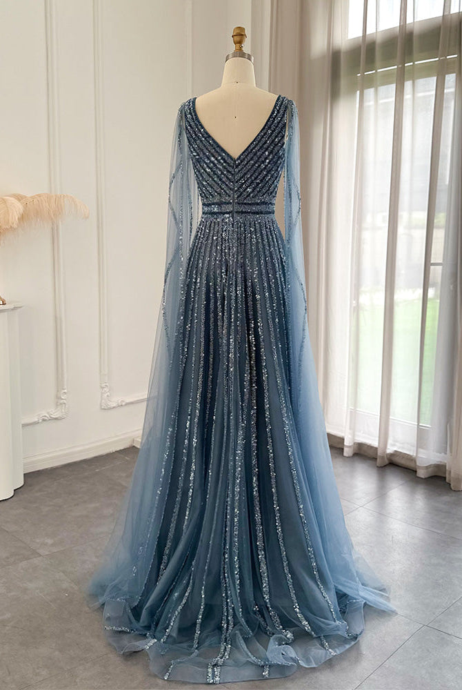 Dreamy Vow Luxury Nude Dubai Evening Dress with Cape Sleeves Blush Pink Arabic Formal Dresses for Women Wedding Party 322