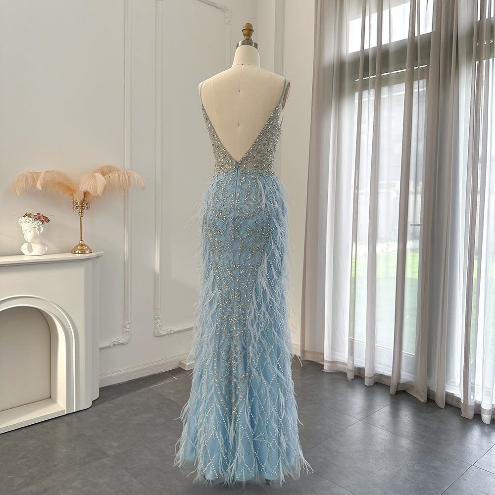 Dreamy Vow Luxury Feathers Mermaid Champagne Evening Dresses for Women Wedding 2023 Spaghetti Straps Prom Formal Gowns 374