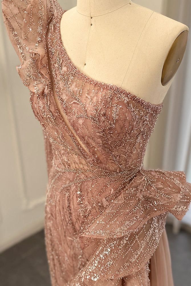 Dreamy Vow Fuchsia One Shoulder Luxury Dubai Evening Dresses 2023 Arabic Side Slit Mermaid Prom Formal Dress for Wedding 360