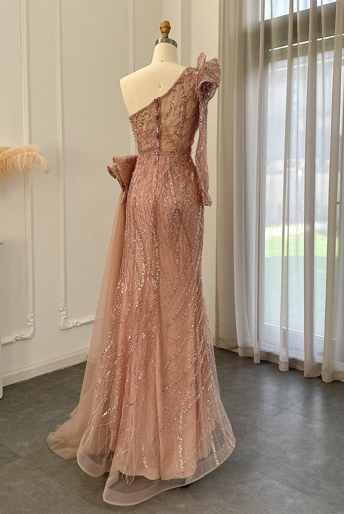 Dreamy Vow Fuchsia One Shoulder Luxury Dubai Evening Dresses 2023 Arabic Side Slit Mermaid Prom Formal Dress for Wedding 360