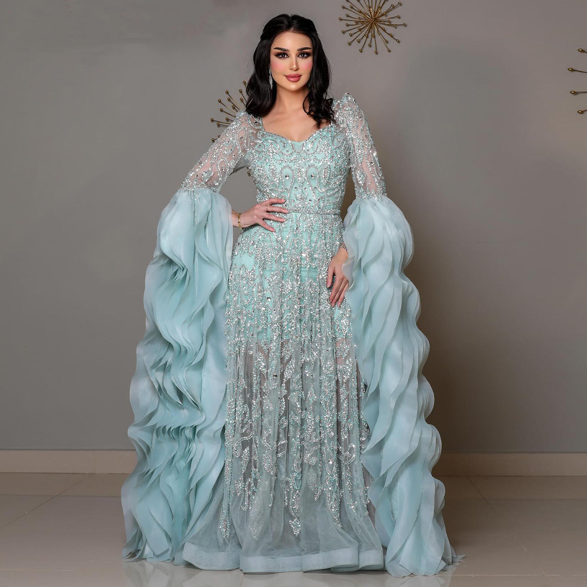 Luxury Aqua Evening Dress with Crystal Sequins and Ruffled Cape Plus Size SS410