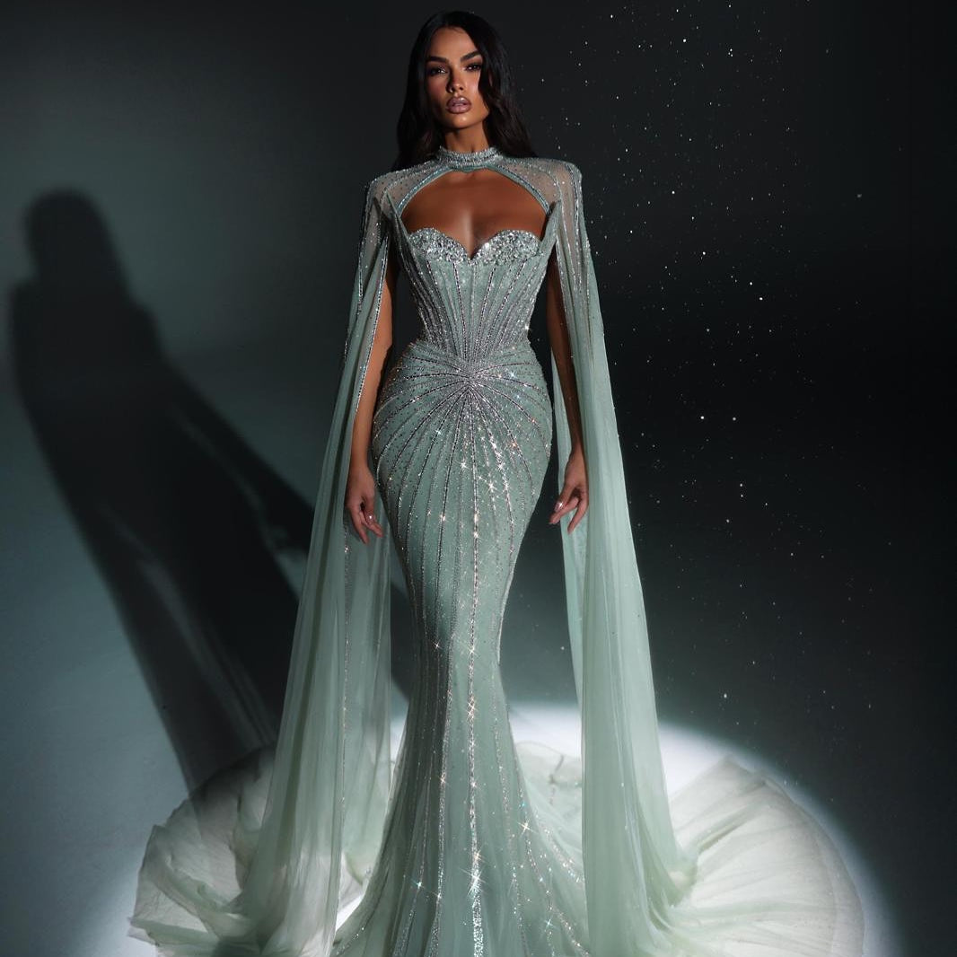 Luxury Mermaid Beaded Evening Dress with Cape SS156