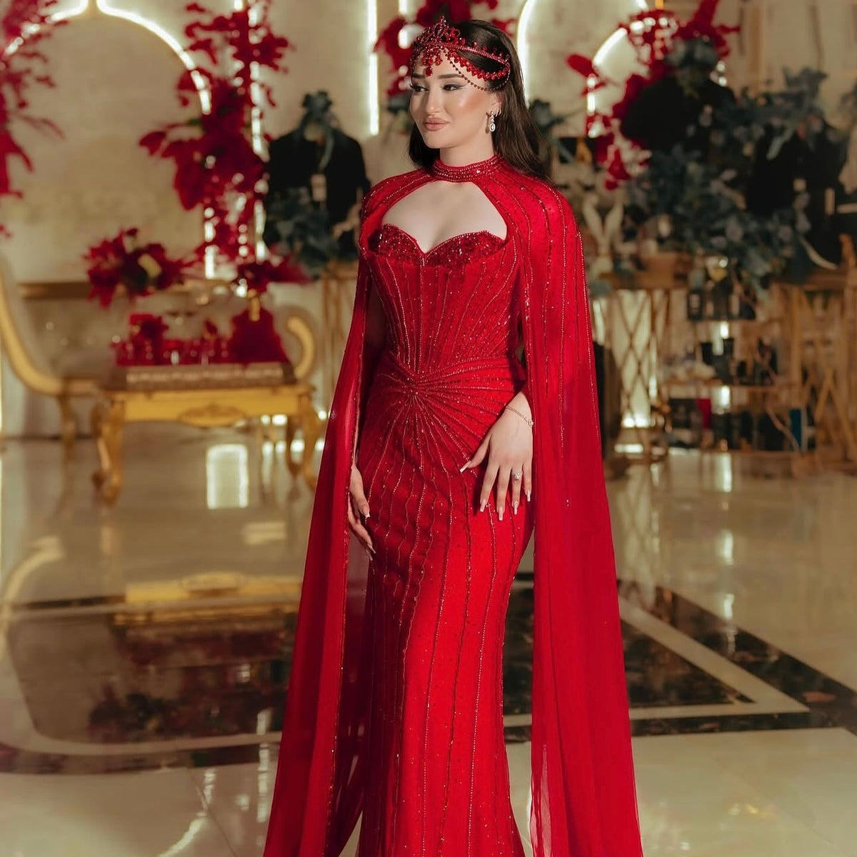 Luxury Mermaid Beaded Evening Dress with Cape SS156