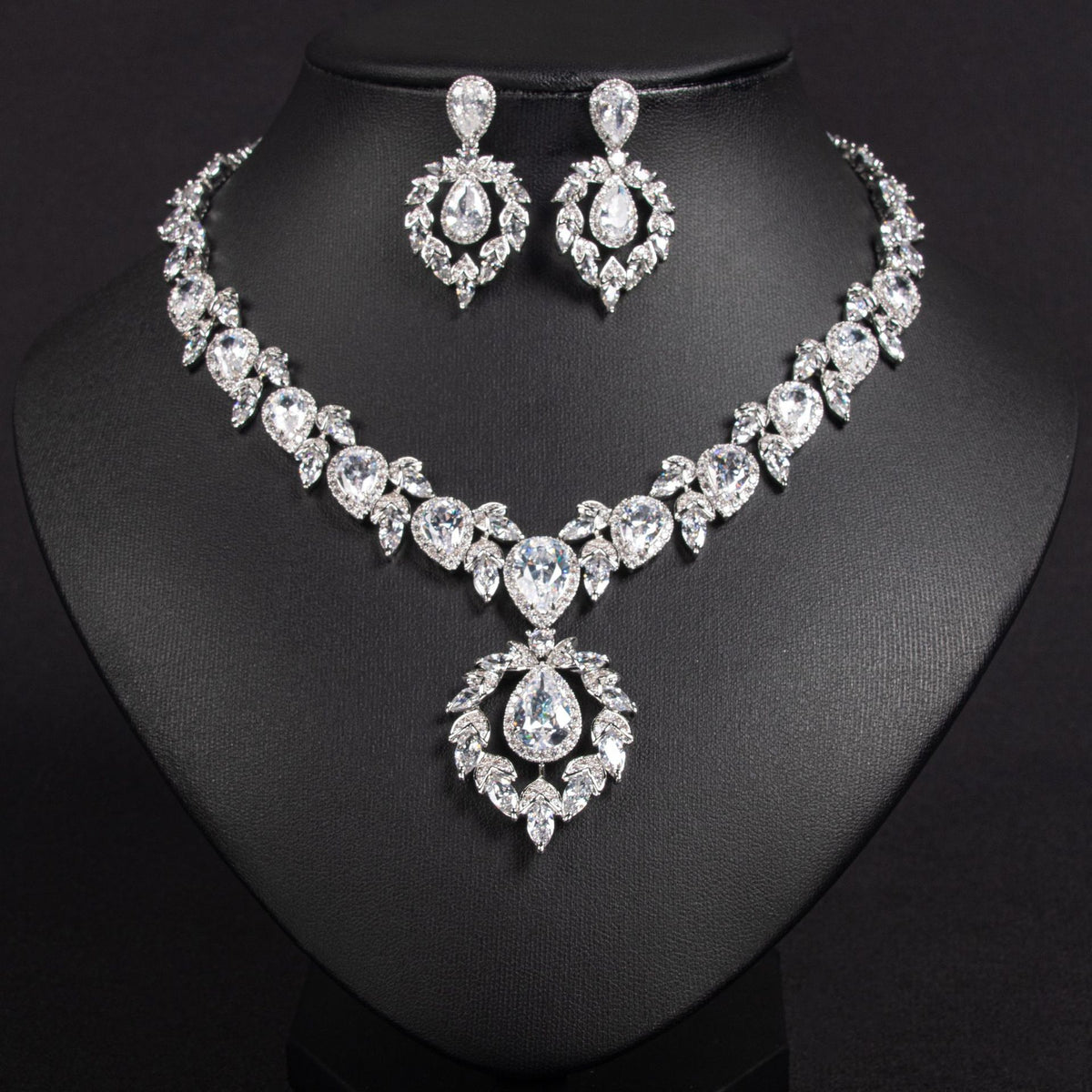 Cubic Zirconia Teardrop Necklace and Earring Set JW049