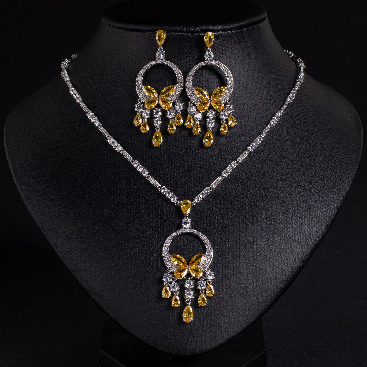 Elegant Cubic Zirconia Tassel Necklace and Earring Set JW050