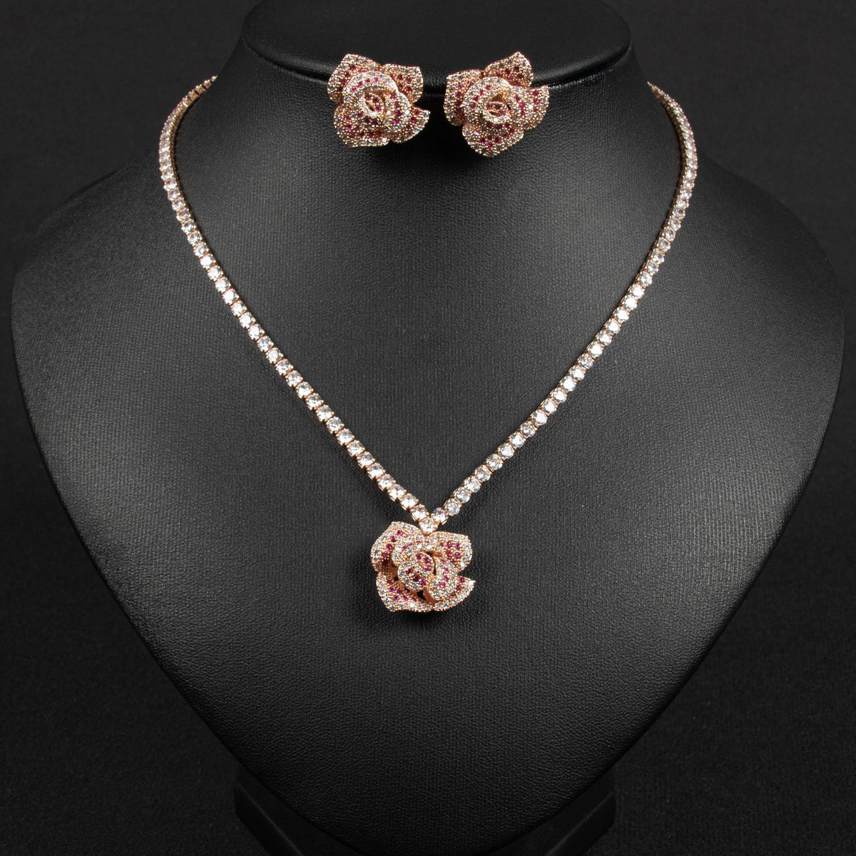 Rose Shaped Zircon Necklace and Earring Set JW051