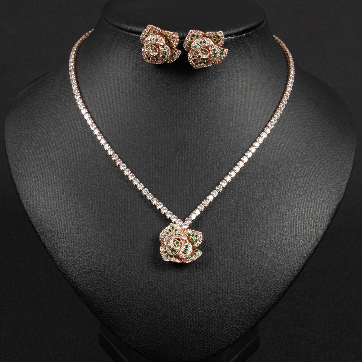 Rose Shaped Zircon Necklace and Earring Set JW051