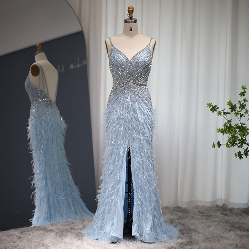 DreamyVow Luxury Beaded Mermaid Feathers Prom Dresses Sexy Spaghetti Straps Backless Rose Pink Evening Dress Arabic Formal Party Gown 004