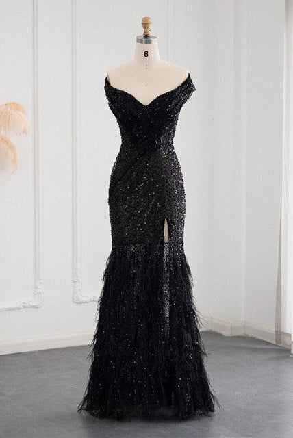 Dreamy Vow Luxury Dubai Black Mermaid Feathers Prom Dresses Sexy Off Shoulder High Slit Evening Party Gowns for Women Wedding Guest 404