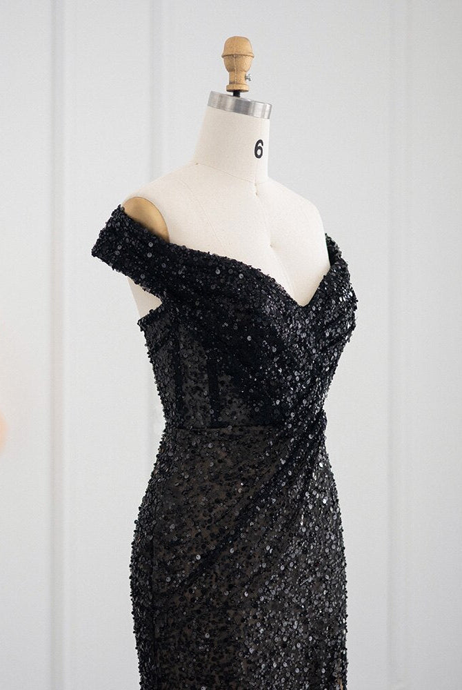 Dreamy Vow Luxury Dubai Black Mermaid Feathers Prom Dresses Sexy Off Shoulder High Slit Evening Party Gowns for Women Wedding Guest 404