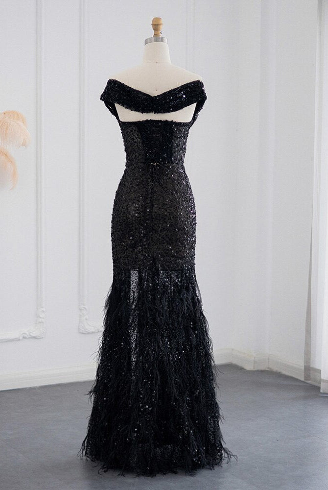 Dreamy Vow Luxury Dubai Black Mermaid Feathers Prom Dresses Sexy Off Shoulder High Slit Evening Party Gowns for Women Wedding Guest 404