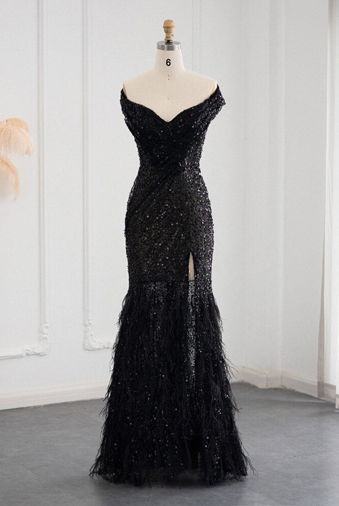 Dreamy Vow Luxury Dubai Black Mermaid Feathers Prom Dresses Sexy Off Shoulder High Slit Evening Party Gowns for Women Wedding Guest 404