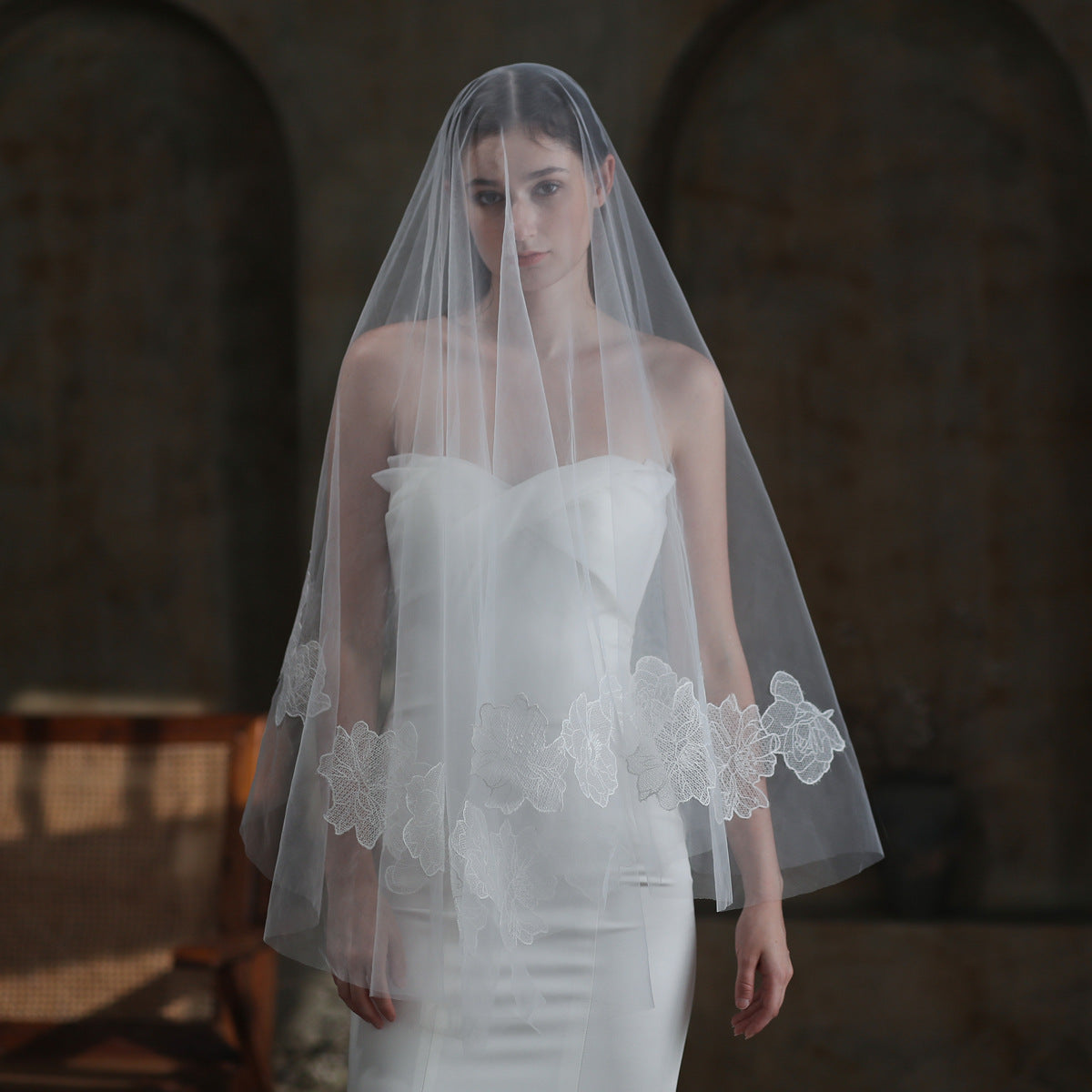White Floral Lace Edge Soft Tulle Bridal Wedding Veil BV007