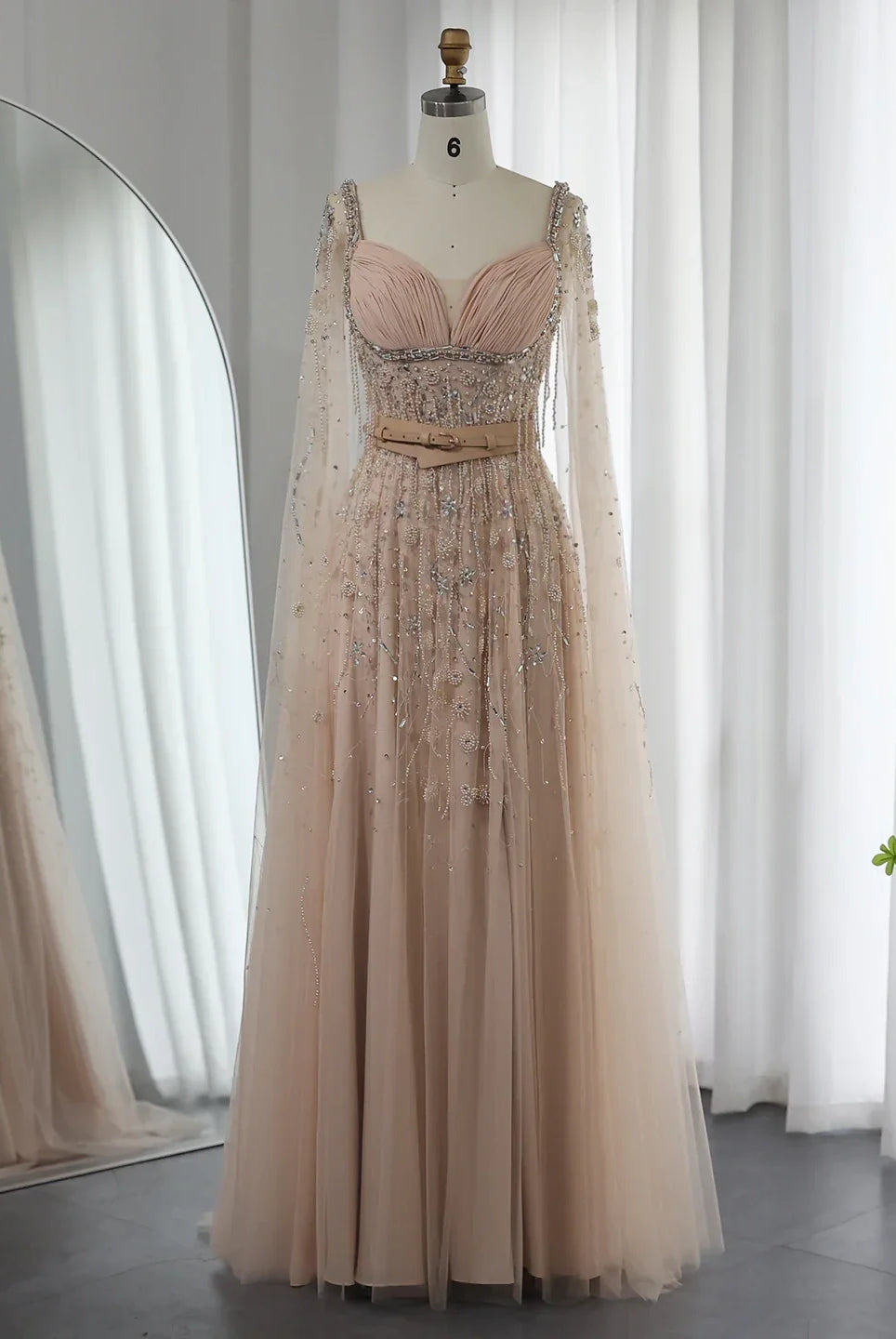 Dreamy Vow Arabic Champagne Dubai Evening Dresses Luxury 2023 Celebrity Beaded Tassel High Slit Women Wedding Party Dress 376