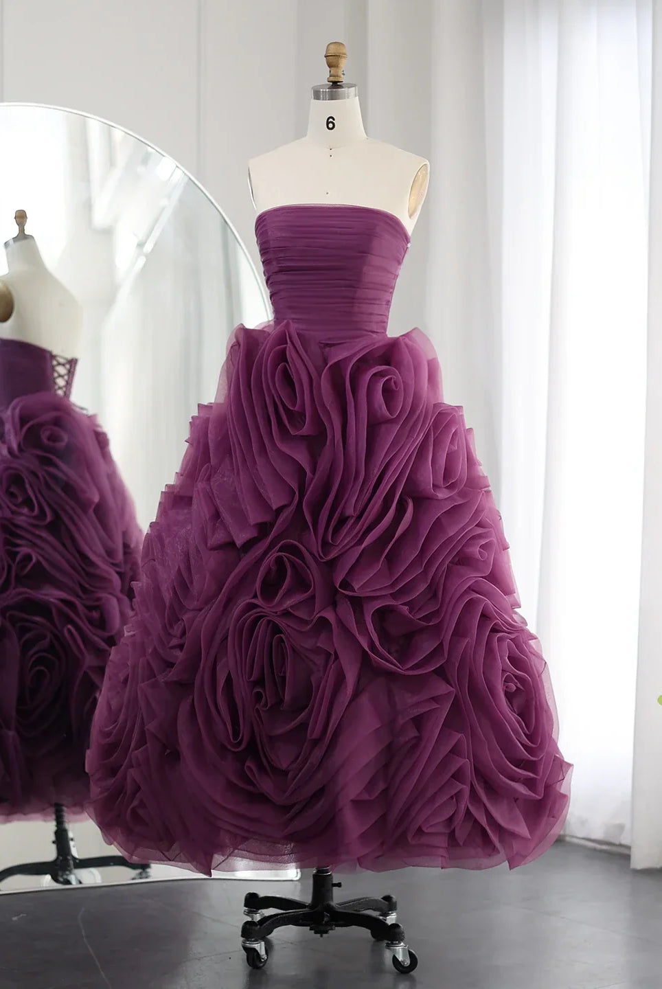 Dreamy Vow Luxury 3D Rose Flower Pink Short Evening Dresses for Women Wedding Party 2023 Strapless Midi Formal Prom Gowns 343