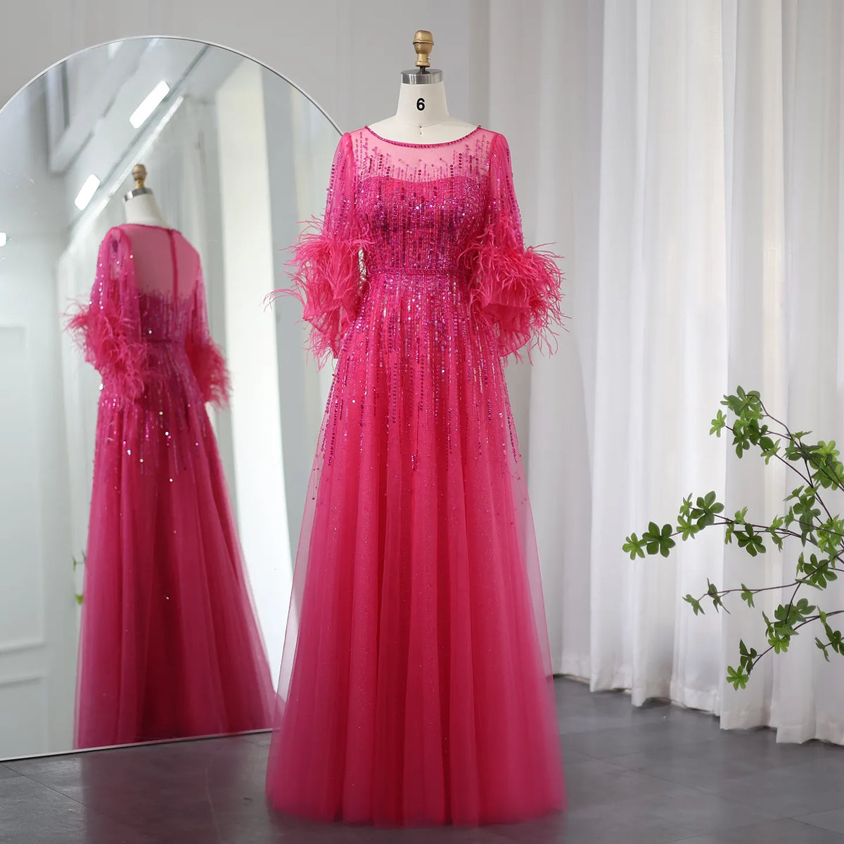 Luxury Feathers Black Half Sleeves A-Line Evening Dresses SS339