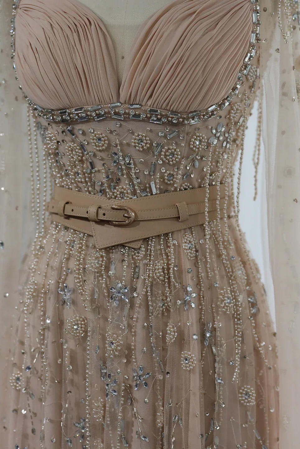 Dreamy Vow Arabic Champagne Dubai Evening Dresses Luxury 2023 Celebrity Beaded Tassel High Slit Women Wedding Party Dress 376