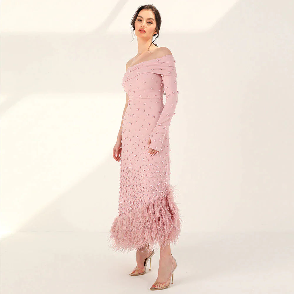 Dreamy VowLuxury Feathers Dubai Pink Mermaid Evening Dress for Women Wedding Sage Green One Shoulder Arabic Party Gowns 388