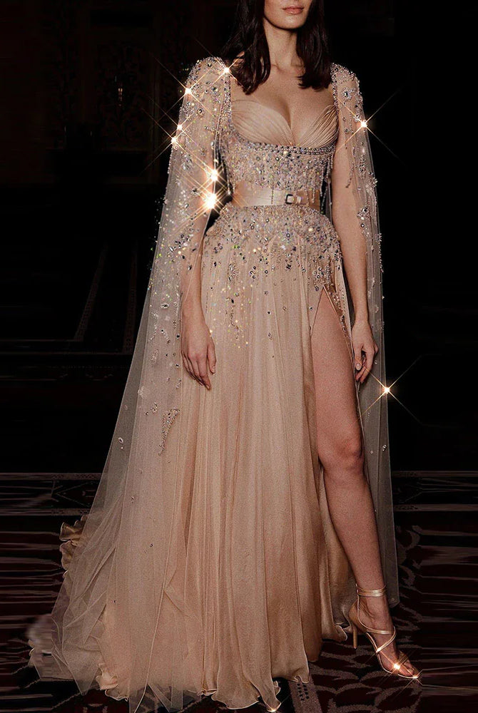 Dreamy Vow Arabic Champagne Dubai Evening Dresses Luxury 2023 Celebrity Beaded Tassel High Slit Women Wedding Party Dress 376