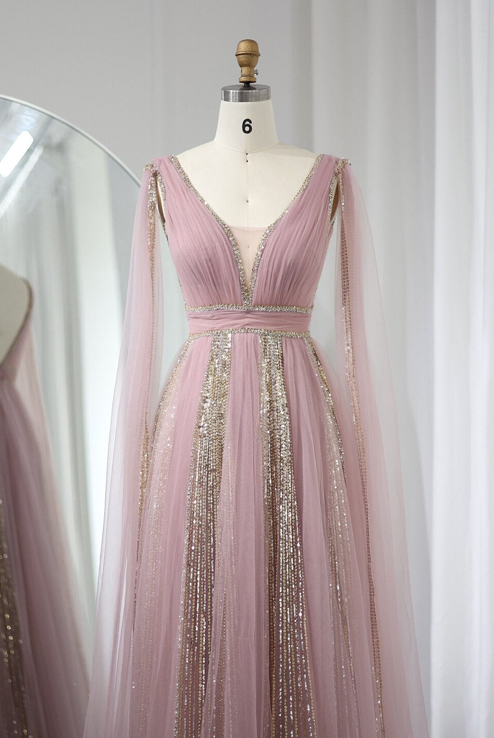 DreamyVow Luxury Arabic Women Pink Evening Dress with Cape Sleeves Elegant Sage Green Yellow Dubai Wedding Party Gowns 010