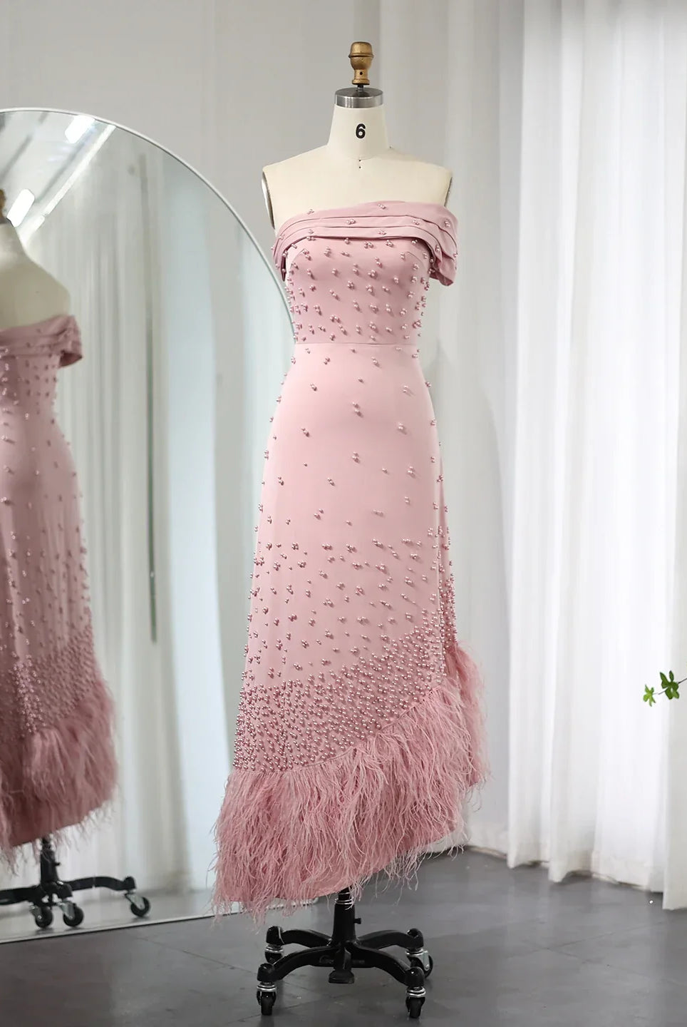 Dreamy VowLuxury Feathers Dubai Pink Mermaid Evening Dress for Women Wedding Sage Green One Shoulder Arabic Party Gowns 388