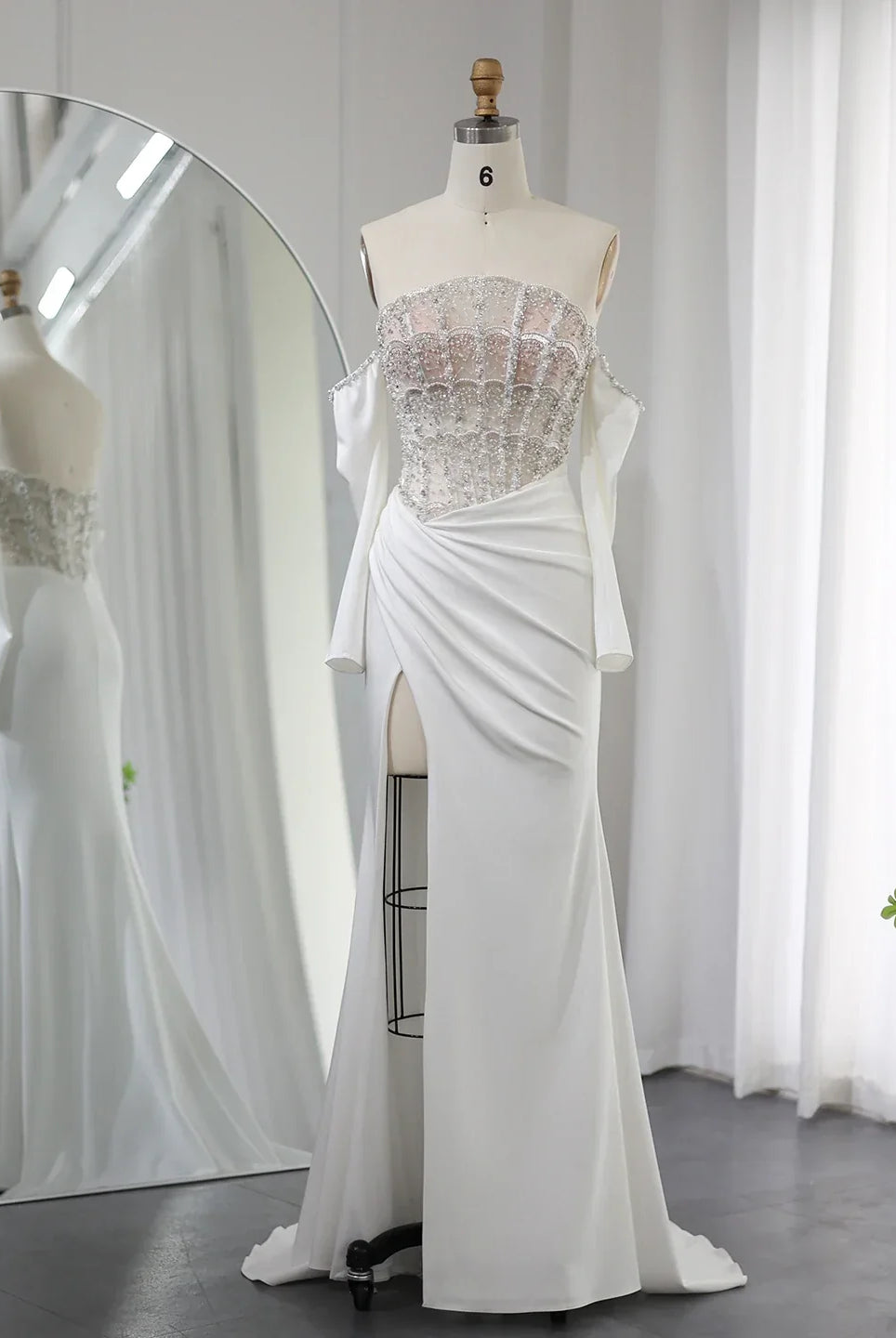 Dreamy Vow Luxury Dubai Mermaid White Evening Dress 2023 Sexy Scalloped High Slit Prom Dresses for Women Wedding Party 416