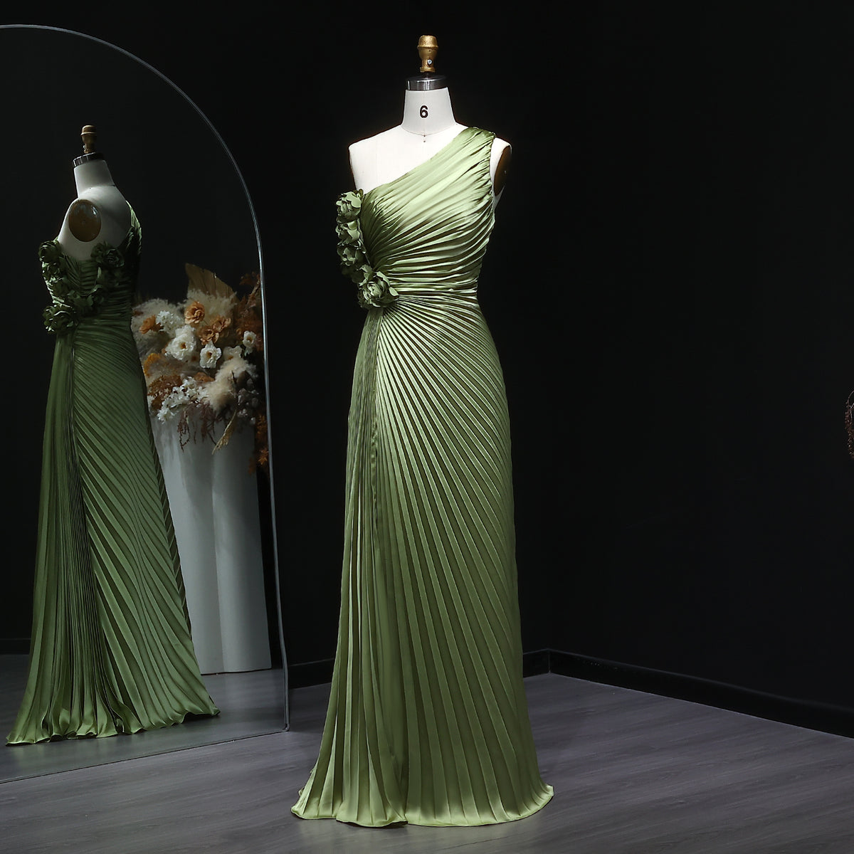 Luxury Olive Green One Shoulder 3D Floral Pleated A-Line Evening Dress SF031