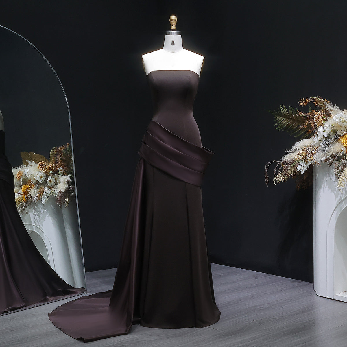 Luxury Burgundy Brown Strapless Mermaid Satin Evening Dress with Overskirt SF061