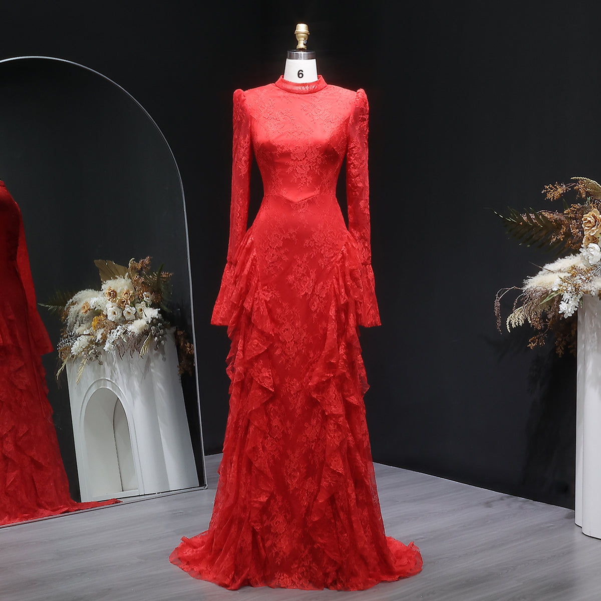 Luxury Soft Pink High Neck Long Sleeve Lace Evening Dress Bell Sleeve Ruffle SF065
