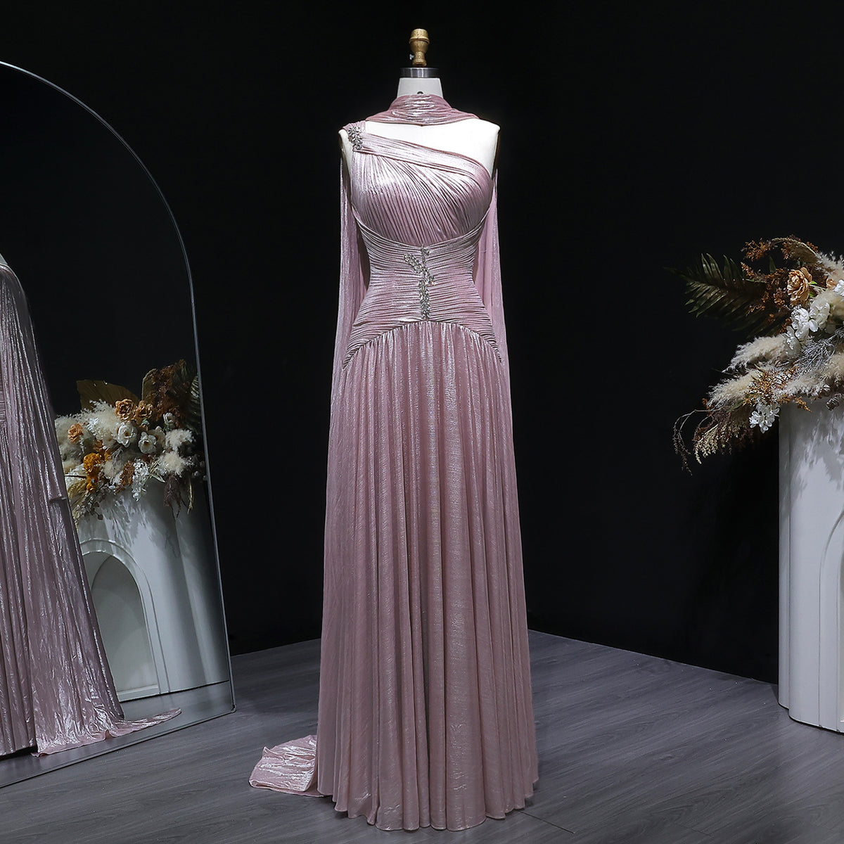 Pink One-Shoulder Sheer Waist-Fitted Elegant Evening Dress SF235
