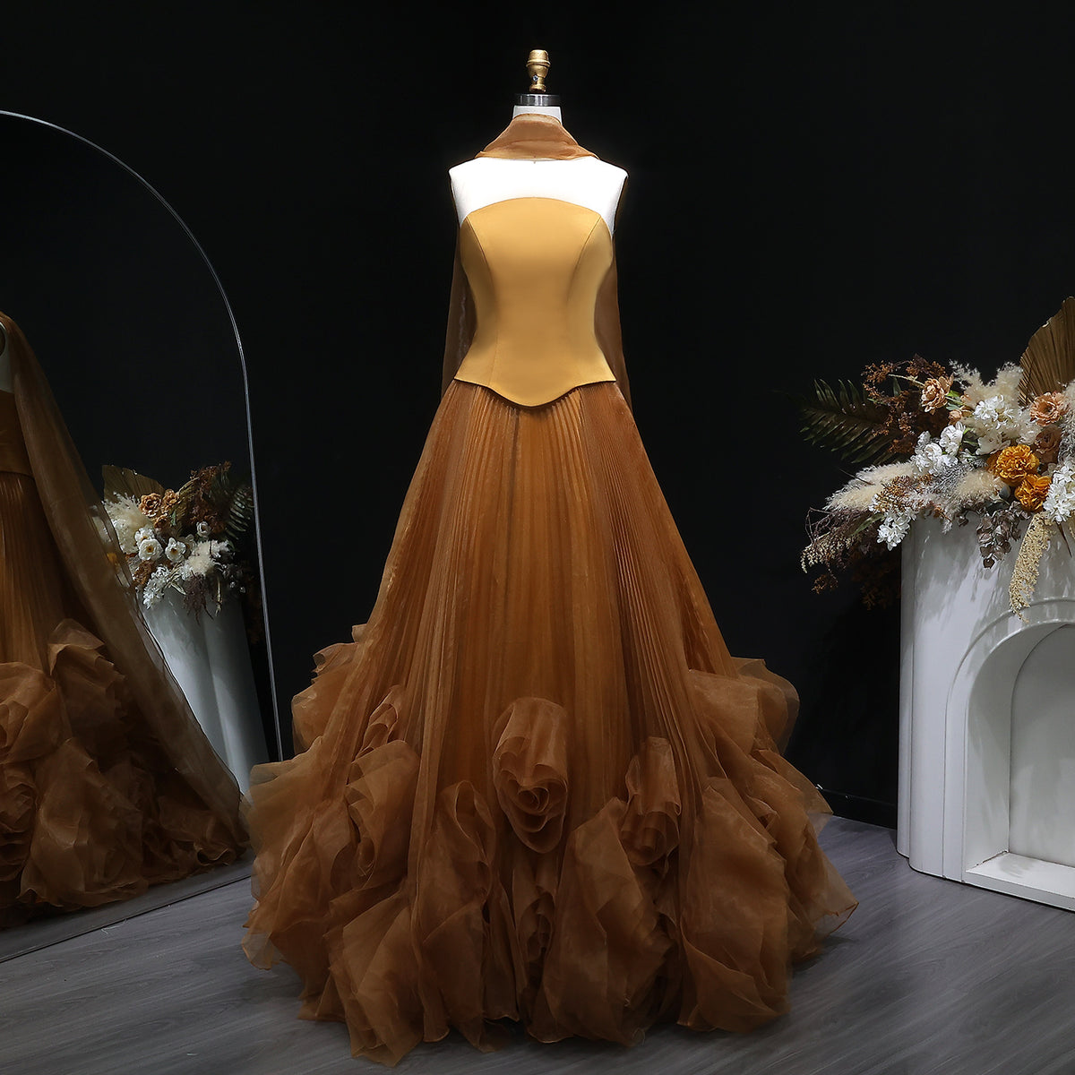 Elegant Black A-Line Evening Dress with Pleats Flower SF300