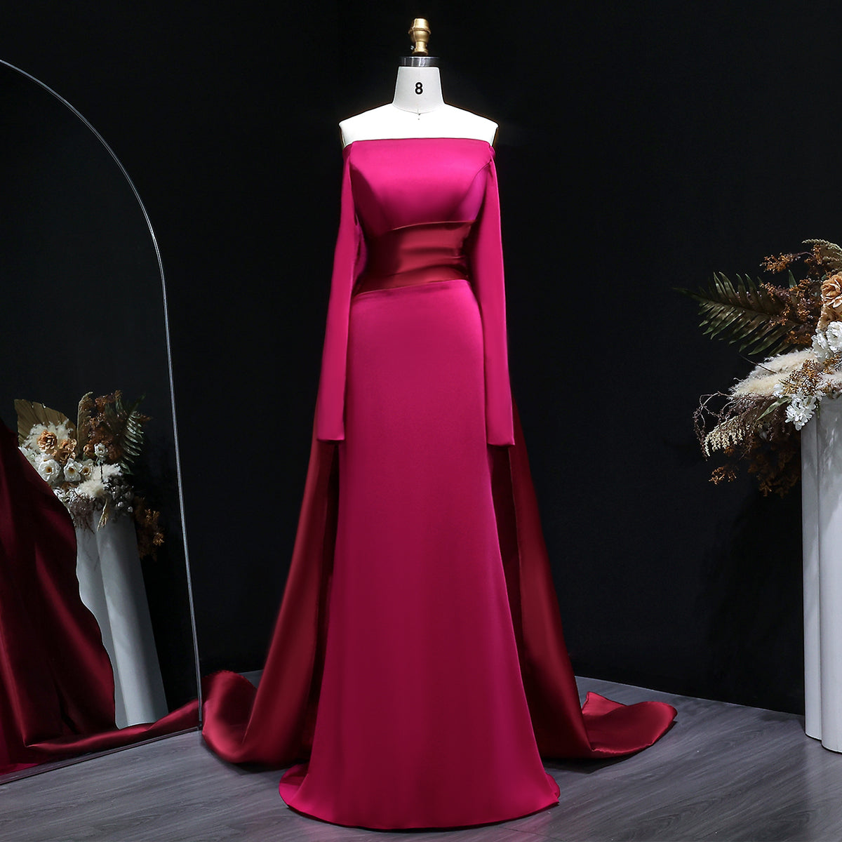 Luxury Fuchsia Off-the-Shoulder Long Sleeve Evening Dress with Overskirt SF318