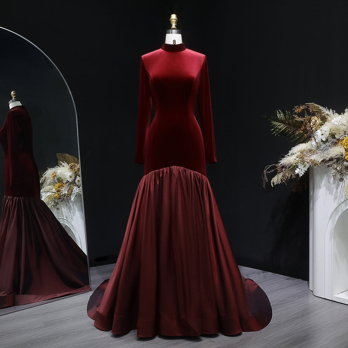 Luxury Burgundy Velvet Ruffles Ball Gown Evening Dress SF441