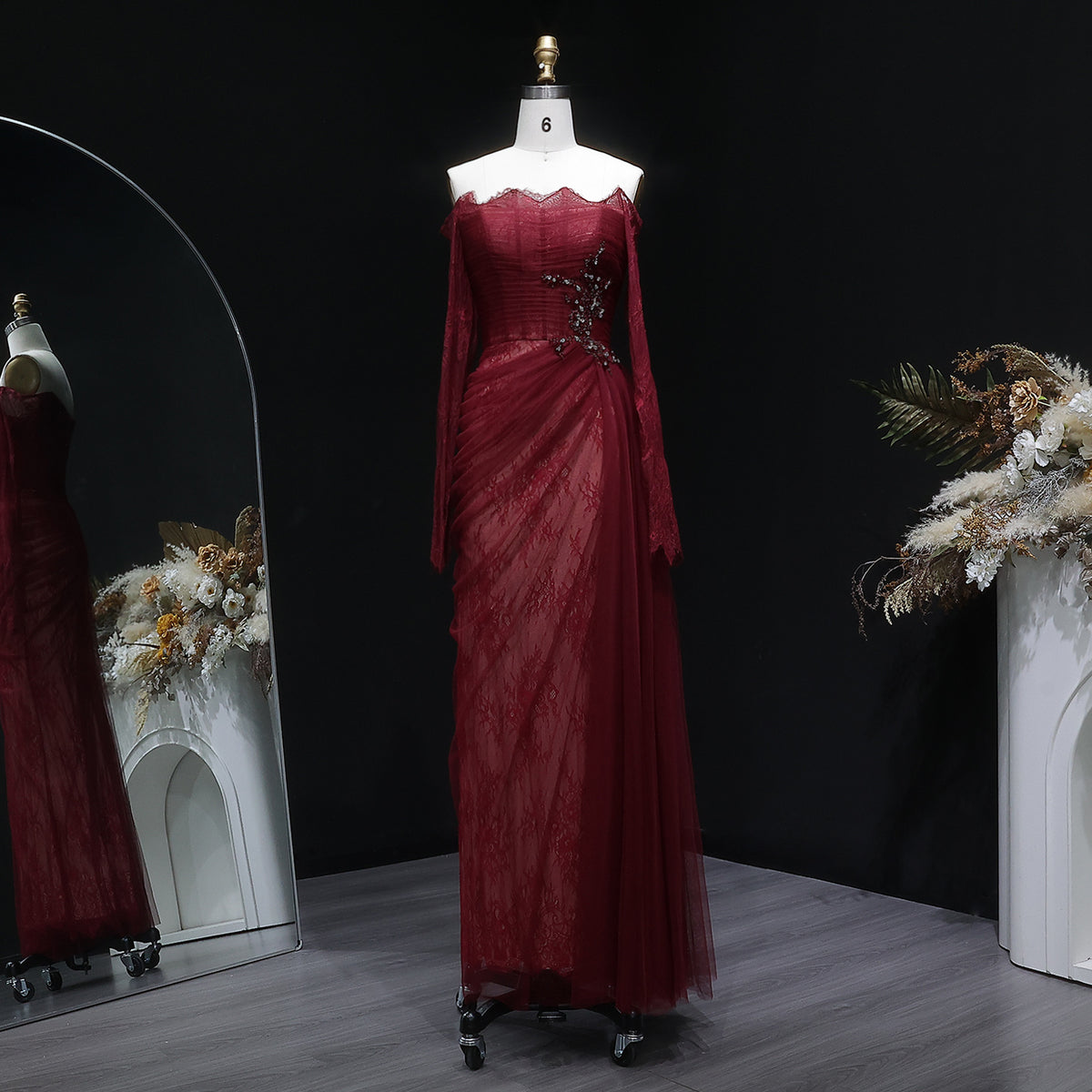 Luxury Beaded Burgundy Strapless Pleats Evening Dress SF456