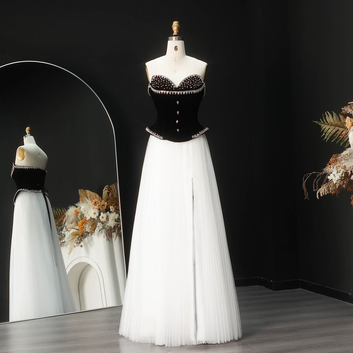 Glamorous Black White Strapless Beaded Corset High Slit Evening Dress SF508