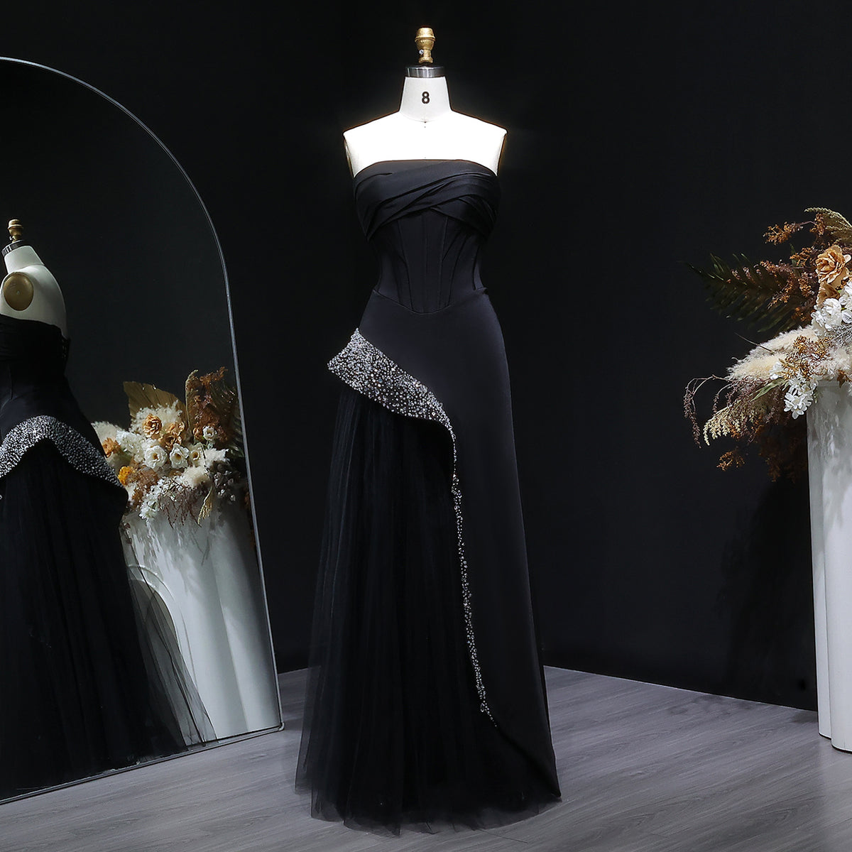 Stunning Strapless Black Crystal Mermaid Evening Dress SF582