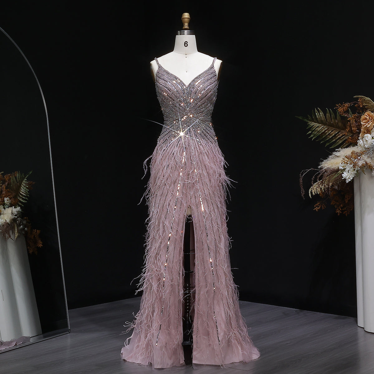 Luxury Beaded Blue Mermaid Feathers Evening Dress SS004